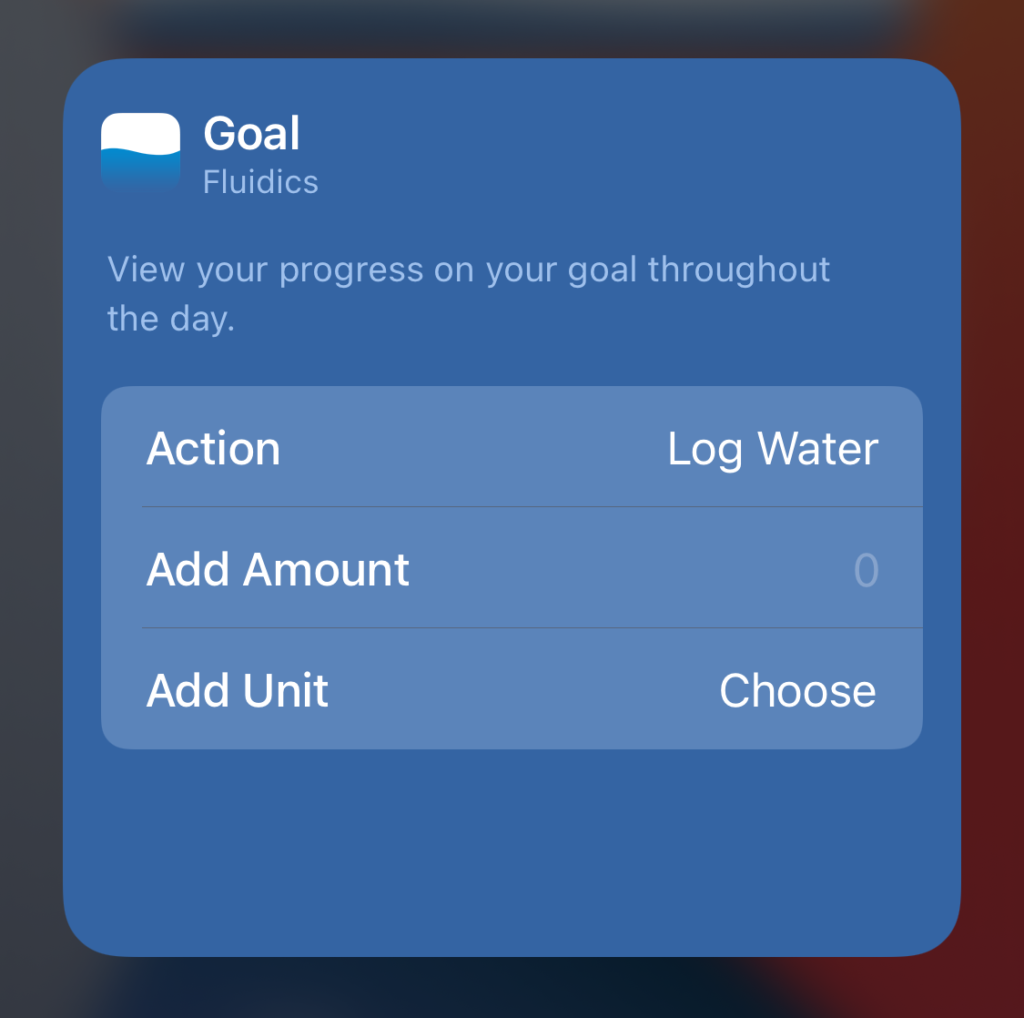 Screenshot of the widget editor, showing a choice of actions, and a customizable amount to add when tapped.