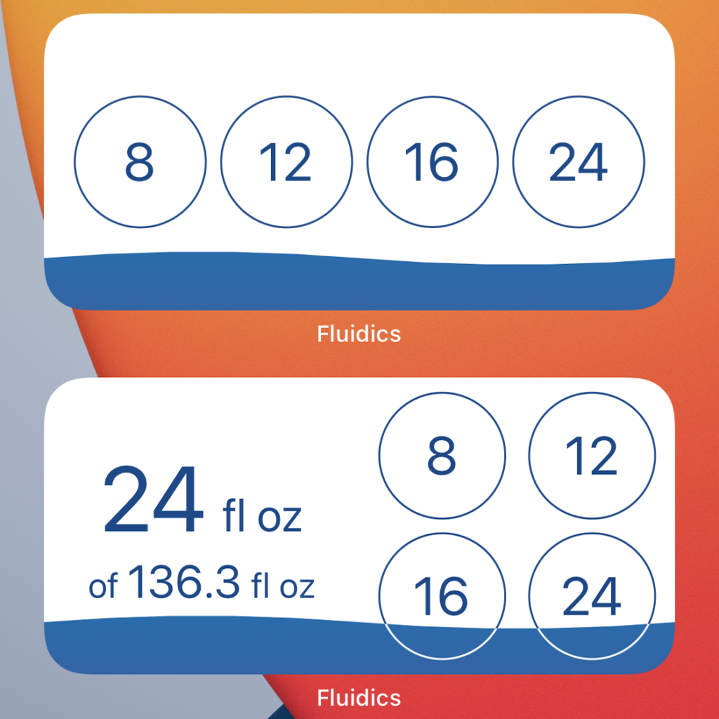 Screenshot of the iOS 14 'add' widget, showing the four quick add options, and the iOS 14 'status' widget, showing current status and the four Quick Add options.